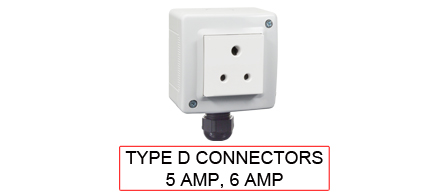 TYPE D Connectors are used in the following Countries:
<br>
Primary Country known for using TYPE D connectors is Afghanistan, India, South Africa.

<br>Additional Countries that use TYPE D connectors are 
Bangladesh, Botswana, Lesotho, Mozambique, Namibia, Nepal, Pakistan, Sri Lanka, Sudan, Swaziland.

<br><font color="yellow">*</font> Additional Type D Electrical Devices:

<br><font color="yellow">*</font> <a href="https://internationalconfig.com/icc6.asp?item=TYPE-D-PLUGS" style="text-decoration: none">Type D Plugs</a> 

<br><font color="yellow">*</font> <a href="https://internationalconfig.com/icc6.asp?item=TYPE-D-OUTLETS" style="text-decoration: none">Type D Outlets</a> 

<br><font color="yellow">*</font> <a href="https://internationalconfig.com/icc6.asp?item=TYPE-D-POWER-CORDS" style="text-decoration: none">Type D Power Cords</a> 

<br><font color="yellow">*</font> <a href="https://internationalconfig.com/icc6.asp?item=TYPE-D-POWER-STRIPS" style="text-decoration: none">Type D Power Strips</a>

<br><font color="yellow">*</font> <a href="https://internationalconfig.com/icc6.asp?item=TYPE-D-ADAPTERS" style="text-decoration: none">Type D Adapters</a>

<br><font color="yellow">*</font> <a href="https://internationalconfig.com/worldwide-electrical-devices-selector-and-electrical-configuration-chart.asp" style="text-decoration: none">Worldwide Selector. All Countries by TYPE.</a>

<br>View examples of TYPE D connectors below.

